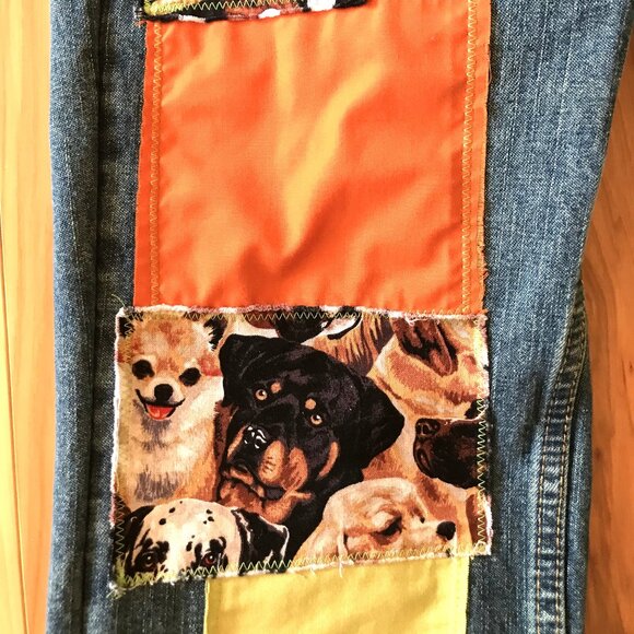 Children's Pants, Size 10 Husky: Upcycled Puppies Baseball Theme Patchwork Jeans - Picture 10 of 16